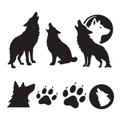A collection of black and white wolf silhouettes icon on white background.