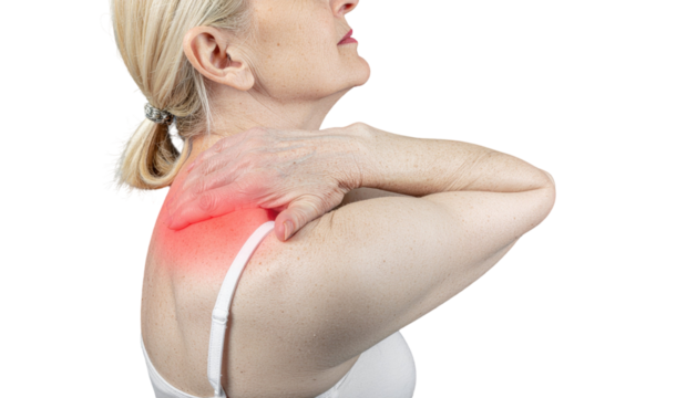 Unhappy middle aged woman touching sore shoulder in pain isolated on white background