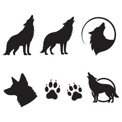 A collection of black and white wolf silhouettes icon on white background.