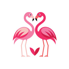 Vector icon of two pink flamingos that join their heads in the shape of a heart and around them they have many hearts