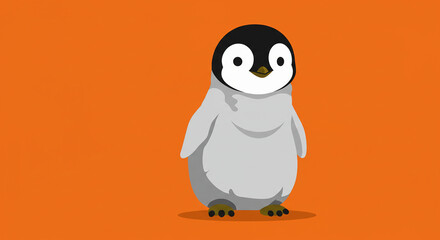 Fototapeta premium Adorable Baby Penguin on Vibrant Orange Background: Minimalist Cartoon Illustration.