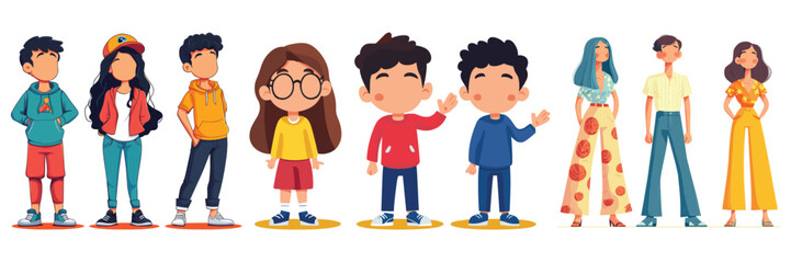 Children standing in a row with various expressions and clothing, isometric vector set variation, flat style, bright colors, white background
