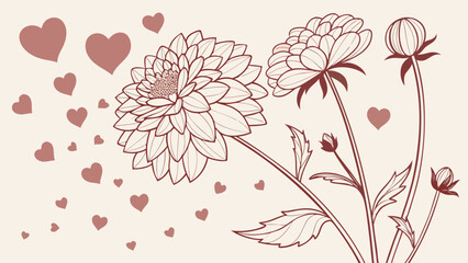 Illustration of outlined flowers with stems leaves and buds accompanied by floating hearts on light background