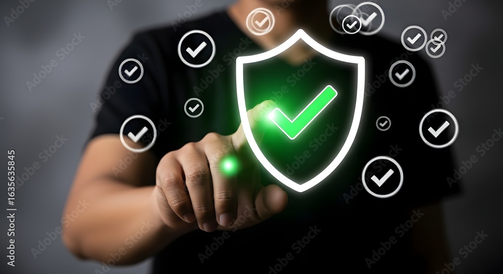Poster cybersecurity protection concept with shield and check marks for data privacy and security online