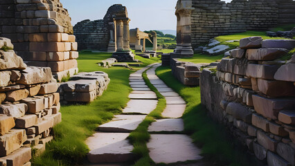 Stone pathway winds through ancient ruins with weathered walls and pillars amidst green grass, evoking a sense of history and tranquility.