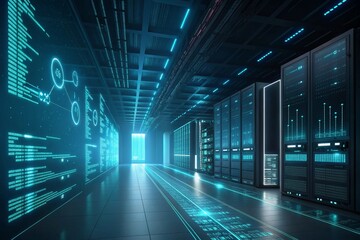 Modern data center server room featuring high-tech IT infrastructure, advanced networking technology, and powerful computing systems. Designed for enterprise-level cloud services, this facility ensure