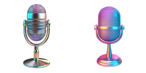Retro-style holographic 3D microphone icon striking iridescent finish capturing essence isolated transparent background