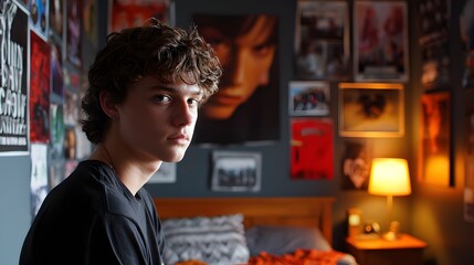 Obraz premium Portrait of Thoughtful Teenage Boy Sitting in His Bedroom Surrounded by Posters and Warm Lighting