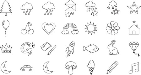Fototapeta premium Doodle vector set of various cute drawings, hand-drawn in sketch style, black and white illustration