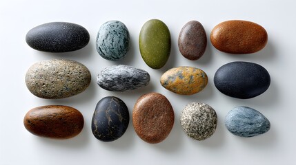 Assorted Decorative Smooth Stones in Various Earthy Colors and Unique Patterns Arranged Artistically