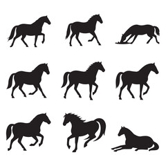 A set of 9 black silhouette illustrations of horses on white background. 
