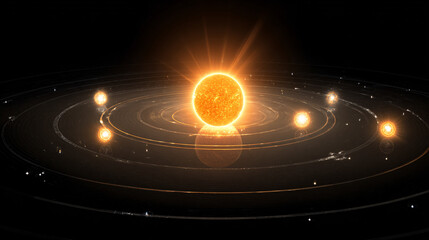 Star surrounded by five glowing planetary orbits highlighting habitable zones.