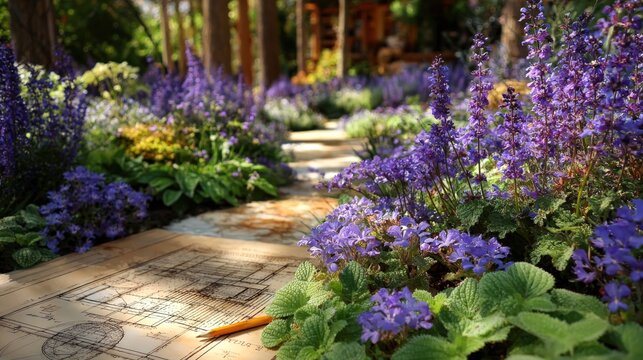 Bright purple salvia and lush green hostas enhance the garden bed layout in sunlight