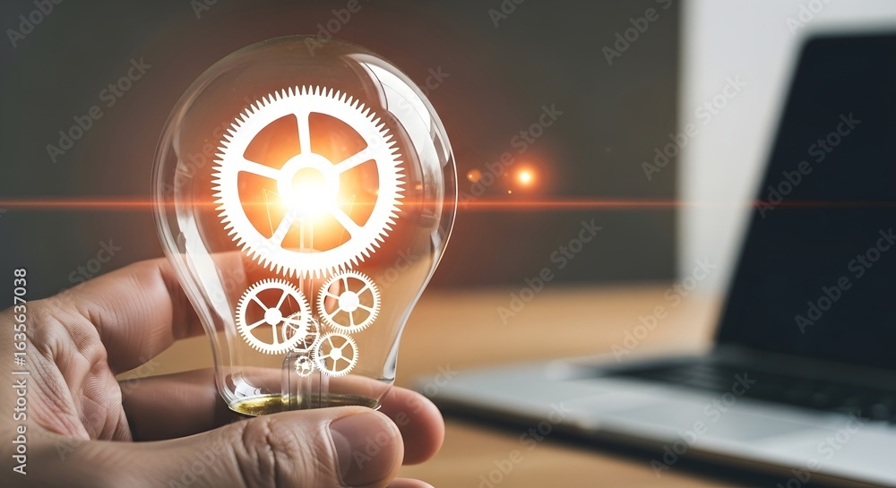 Poster lightbulb idea concept with gears innovation and technology creative thinking solution process desig