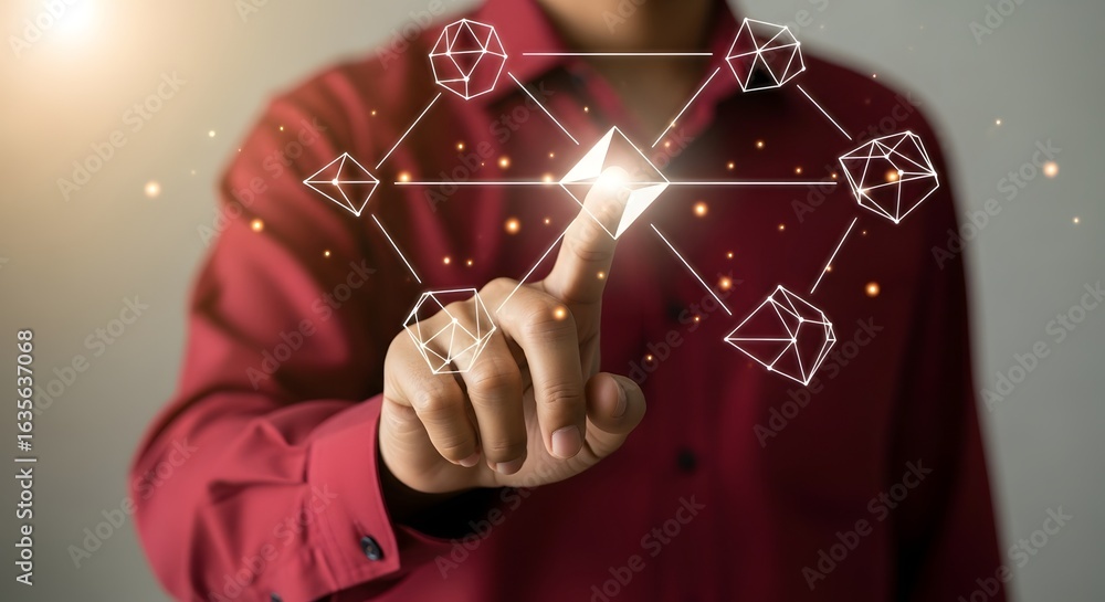 Poster man interacting with blockchain network interface using touch technology for cryptocurrency future