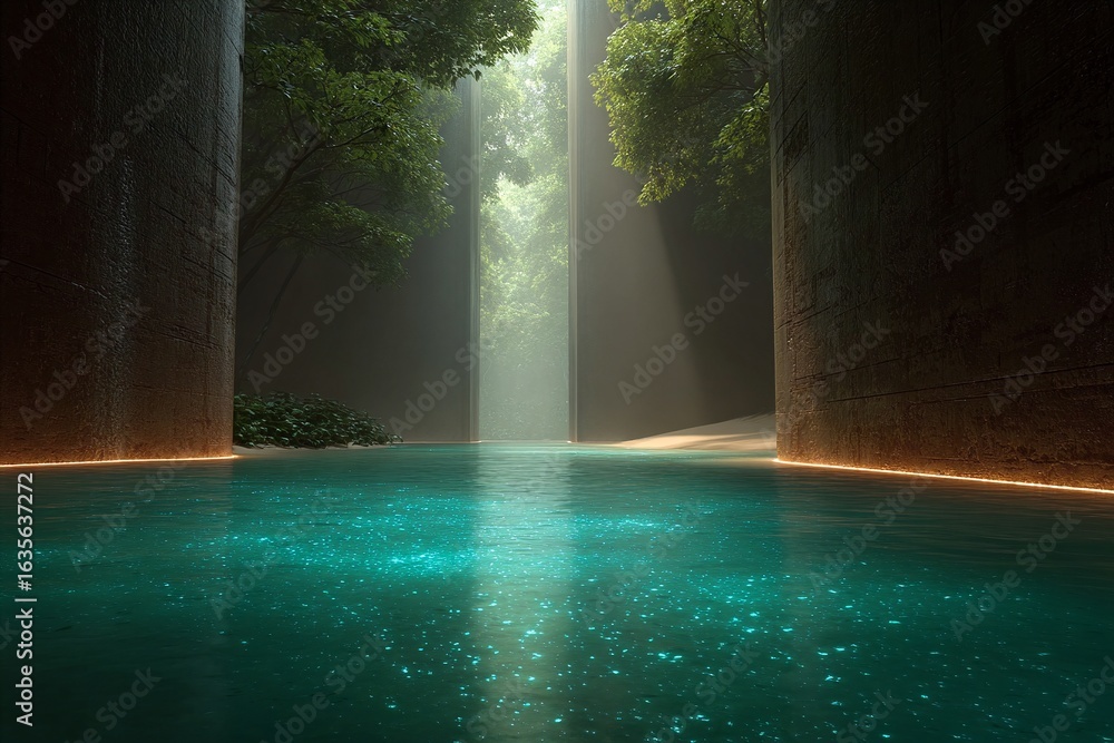 Poster an empty pool in the middle of a dark forest.