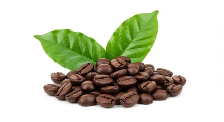 Obraz premium A pile of coffee beans with two green leaves.
