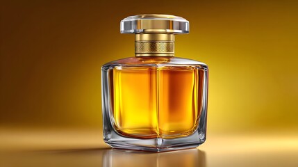 Elegant Glass Perfume Bottle with Golden Accents and Amber Liquid on a Soft Gradient Background