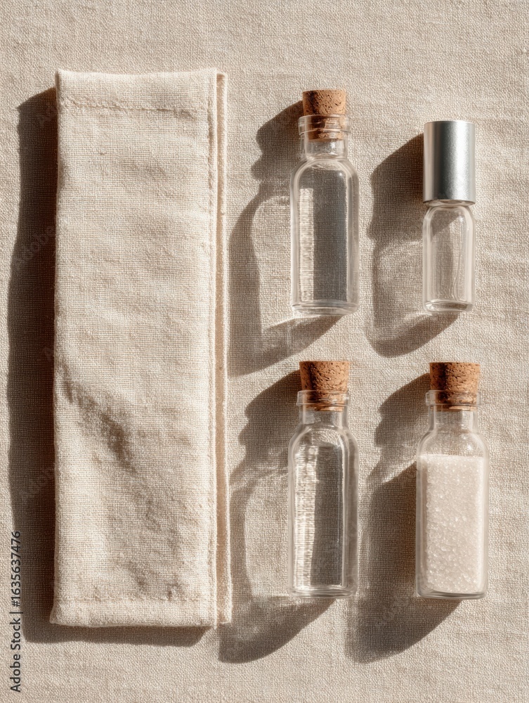 Poster glass bottles filled with liquid and salt on a linen cloth under soft sunlight in a minimalistic set