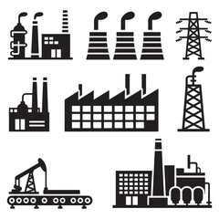 Obraz premium A set of 12 black and white industrial factory icons on white background.