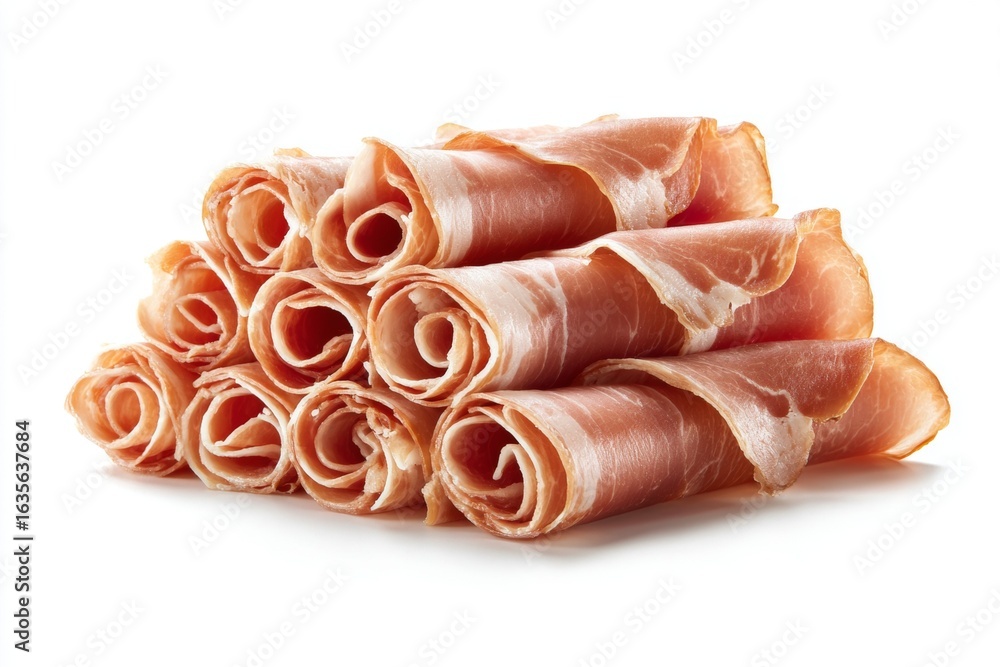 Poster stack of thinly sliced prosciutto curls on white background