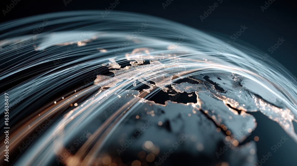 Poster an abstract digital representation of a globe with flowing light trails, symbolizing global connecti
