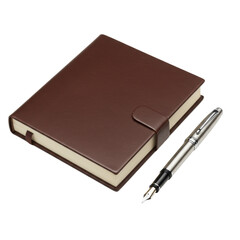 Rich dark brown leather-bound journal with fine stitching and sleek polished metallic fountain pen, on a transparent isolated background with diffused studio lighting, 3/4 overhead view, concept of