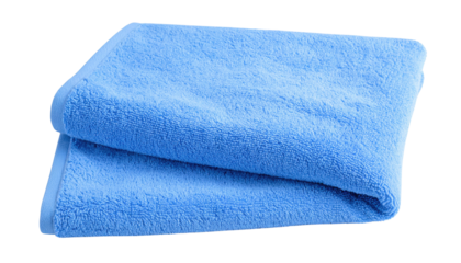 A folded blue towel with a textured surface, showcasing its soft fabric and clean appearance.