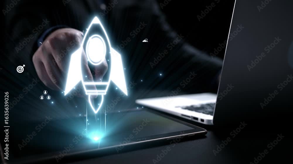 Poster a professional innovator interacting with a holographic rocket symbolizing startup success, showcasi