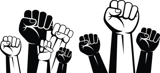 Raised fists silhouette protest illustration, unity and solidarity hands, revolution and freedom sign, political activism art, human rights awareness, power and strength graphic, 