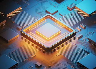 A closeup macro of a blue electronic circuit board with a network of microchips and a CPU processor.
