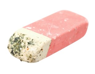 A worn eraser with a pink top and a dirty white base, showcasing signs of use and age.