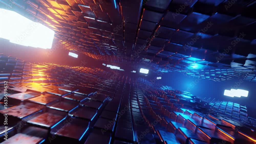 Poster abstract 3d animation background in the form of randomly moving cubes metal brick in neon light. sea