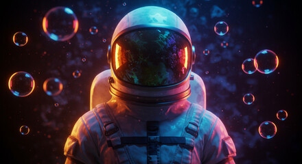 An astronaut surrounded by bubbles floats in the vastness of space