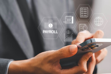 Payroll management and financial processing system. Businessman managing employee salary payments,...