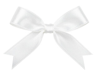 A delicate white ribbon bow with sleek fabric, showcasing a symmetrical design and pointed tails.