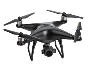 A sleek black drone with multiple propellers and a camera mounted beneath, designed for aerial photography and videography.