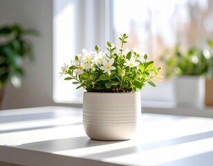 Fototapeta premium A small white flowering plant in a minimalist pot on a sunlit table, illuminated by natural light from a window, creating a serene home interior.