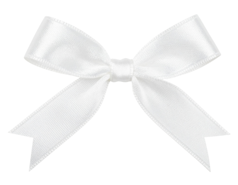 A delicate white ribbon bow with sleek fabric, showcasing a symmetrical design and pointed tails. - Powered by Adobe