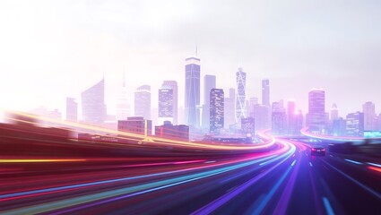 Fototapeta premium Blurry cityscape with streaking light trails at dusk