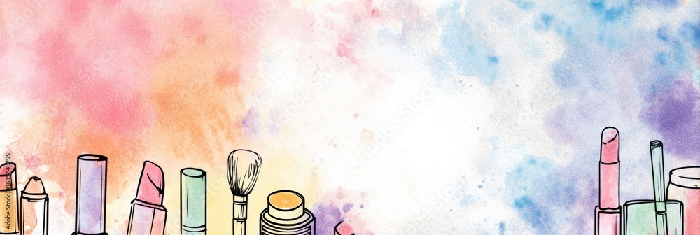Poster watercolor-inspired makeup outline art with colorful soft background and blank area for additional d