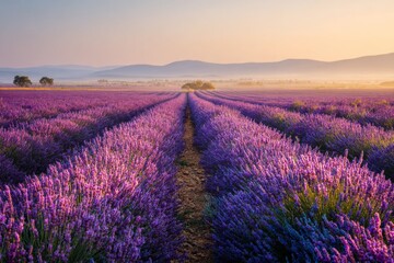 Fototapeta premium Lavender fields at sunrise with mountain view in provence
