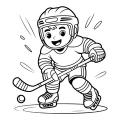 Cute Cartoon Hockey Player Illustration - Line Art Style