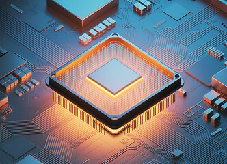 A 3D render of a blank electronic circuit board with a processor chip, used in computers and other digital technology.