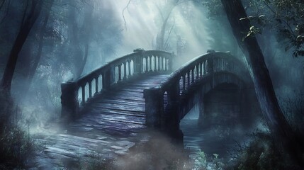 Dilapidated bridge in a cursed forest with fog rolling over the rotting wood Shadows flicker in the mist and the bridge leads into a darkened forgotten temple hidden deep in the forest