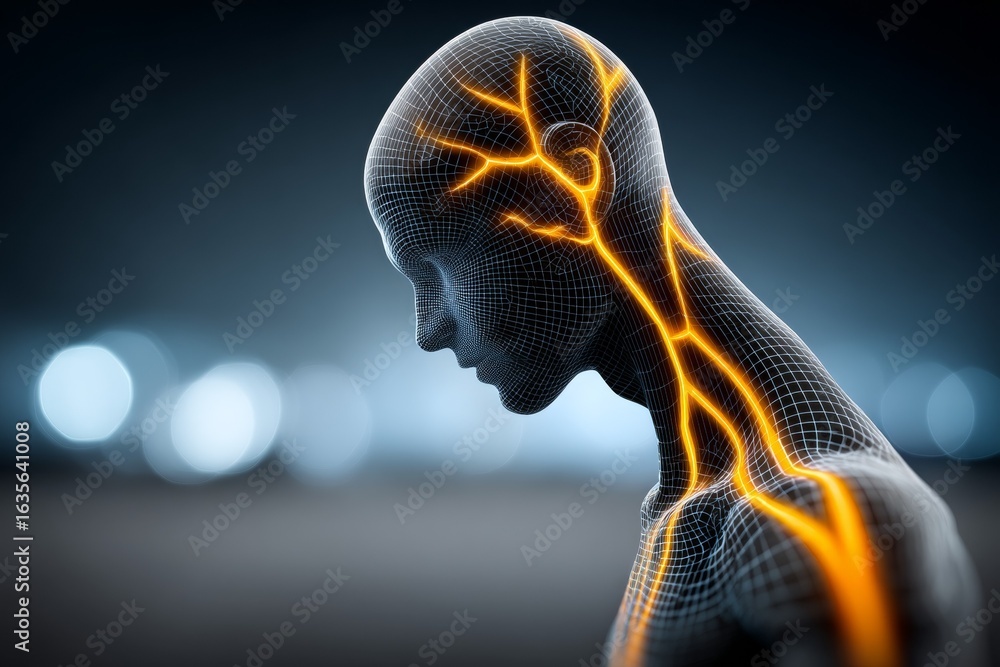 Poster digital render of wired human figure with glowing neural pathways