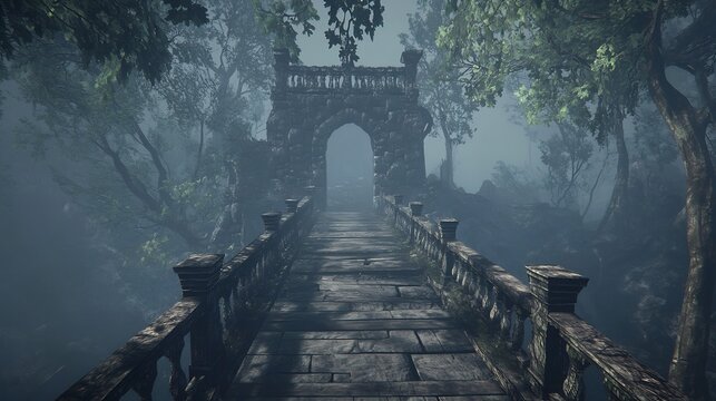 Dilapidated bridge in a cursed forest with fog rolling over the rotting wood Shadows flicker in the mist and the bridge leads into a darkened forgotten temple hidden deep in the forest