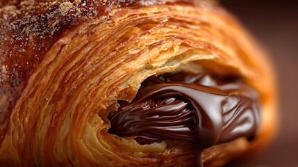 Exquisite Close-Up of an Artisan Golden Chocolate Croissant with Exquisitely Melted Layers and Buttery Flaky Texture Emphasizing Gourmet Indulgence