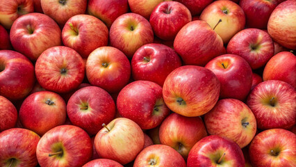 Shiny red apples piled up filling the frame, fresh harvest of vibrant, juicy, ripe apples from orchard, abundant and healthy fruit closeup, seasonal organic produce for snack or cooking.
