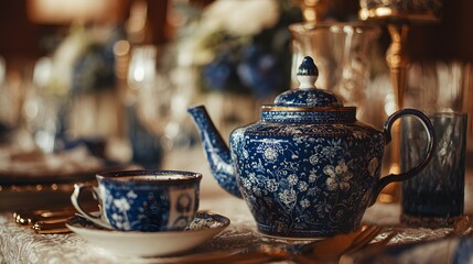 Stunning Antique Porcelain Tea Set on Wedding Table with Classic British Blue Patterns and Vintage Elegance